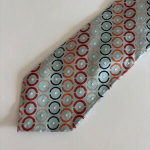 Gene Meyer Silk Necktie Mens One Size Blue Orange Geometric Circles Dots Silk